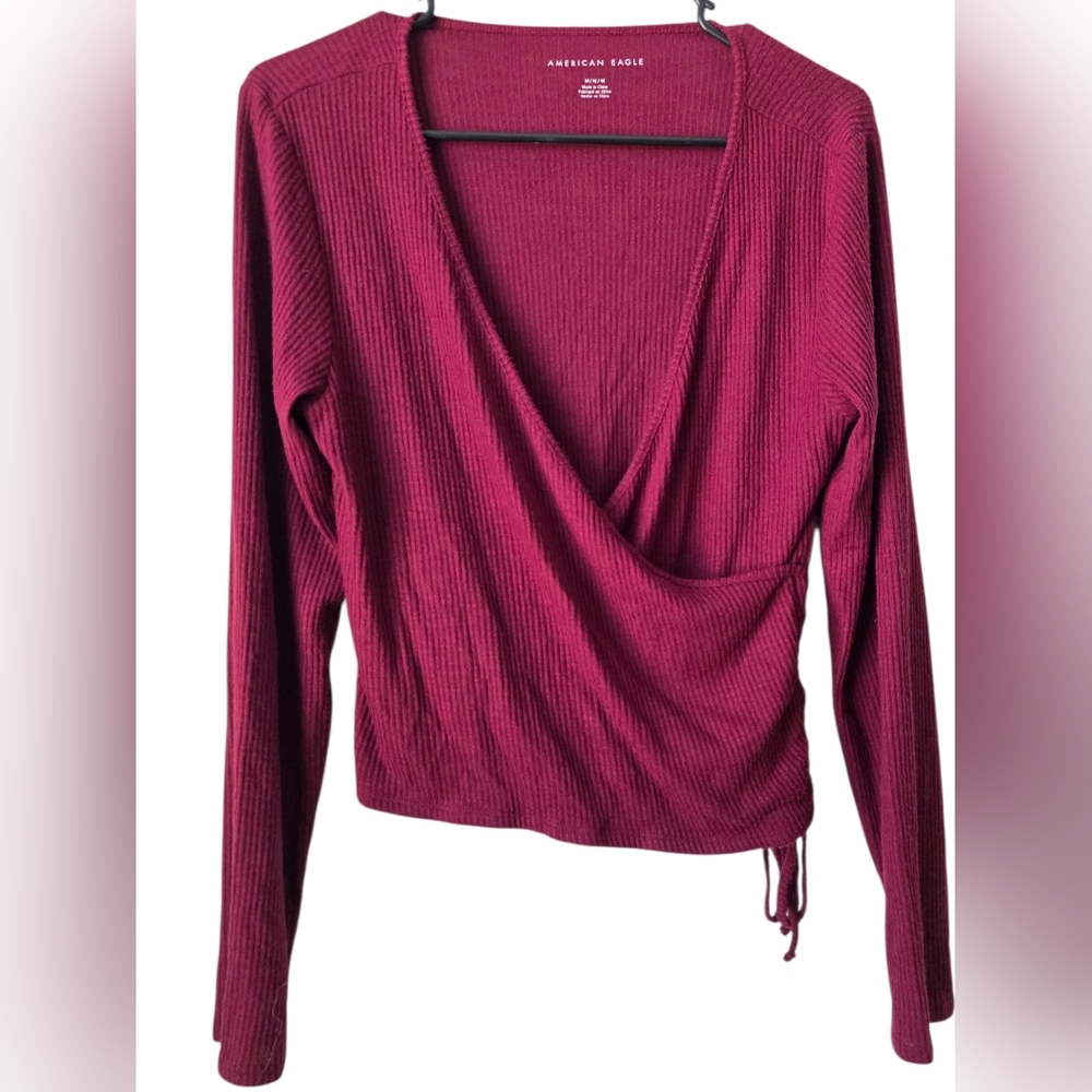 American Eagle Burgundy Ribbed Wrap Front Top